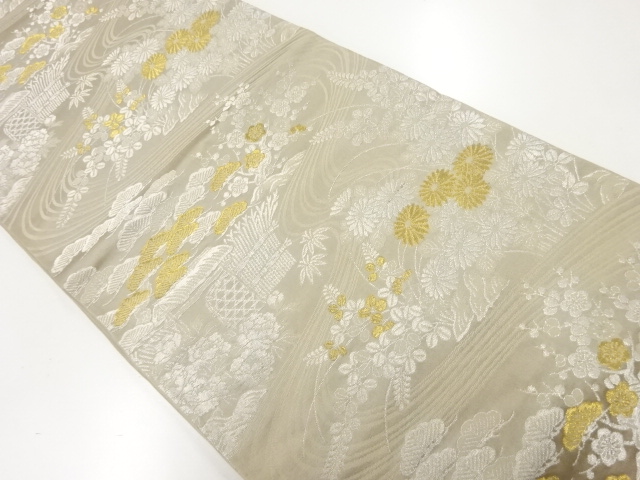 流水に松・菊模様織出し袋帯